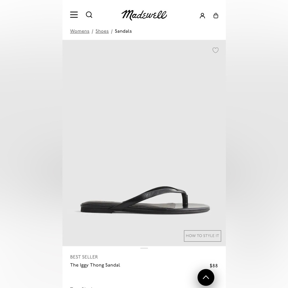 Madwelll New Black Leather Iggy Thong/Flip Flop Size 9 New without tags